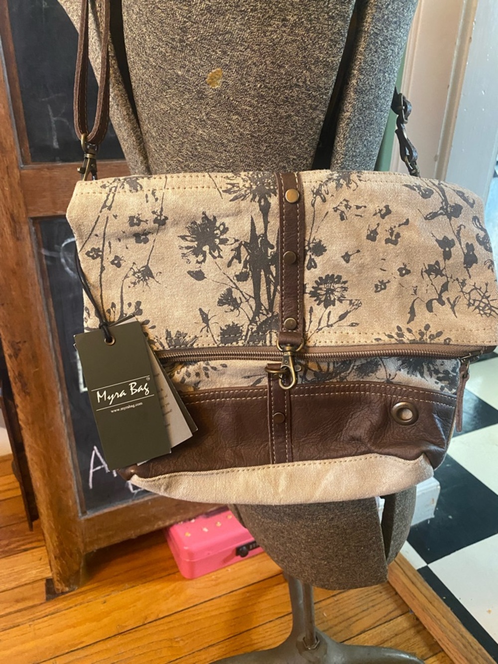 NWT Boho Myra Bag Floral Canvas Crossbody in Beige Brown and Gray festival gift